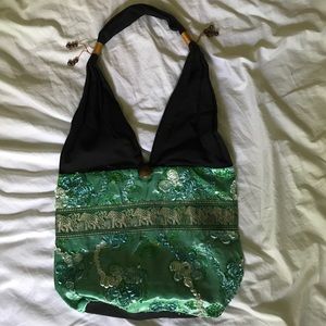Emerald green embroidered tote